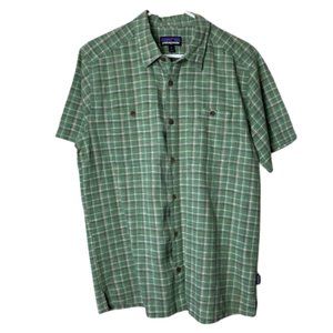 Patagonia green plaid hemp organic cotton short sleeve button up mens M